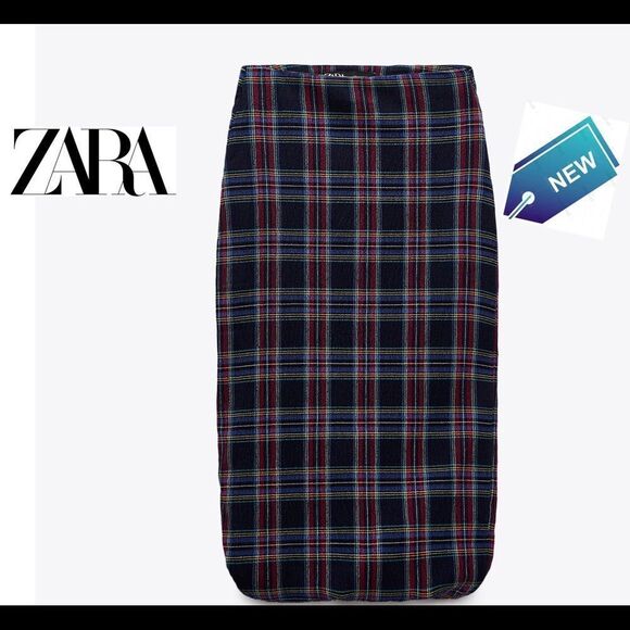 Zara Navy blue red high-rise plaid check midi skirt asymmetrical bubble hem Sz M - Picture 11 of 12